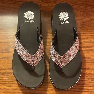 Yellow Box Black Sandals with Red and Silver Beading